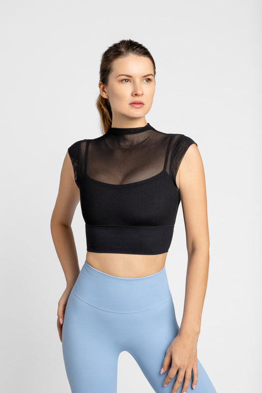 Ethereal Mesh Layered Crop – Black